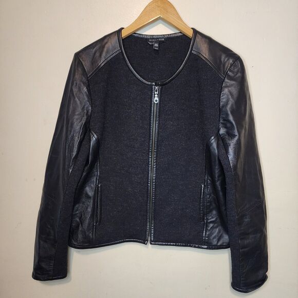 Eileen Fisher Jacket Black Leather Wool Womens Medium Silk Lined Full Zip - Picture 15 of 16
